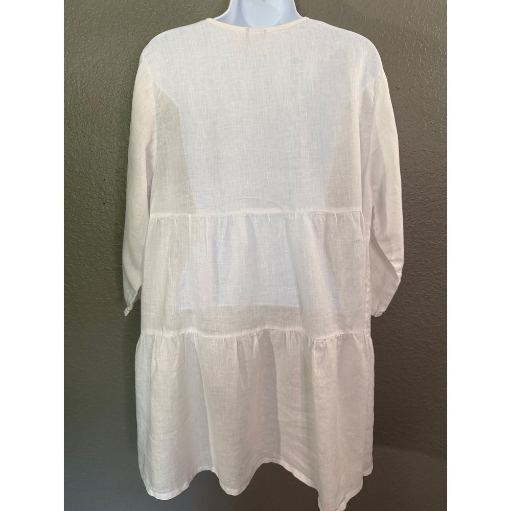Match Point USA White 100% Linen Dress L Tiered V-Neck Loose Fit Breezy Crisp - Picture 4 of 8